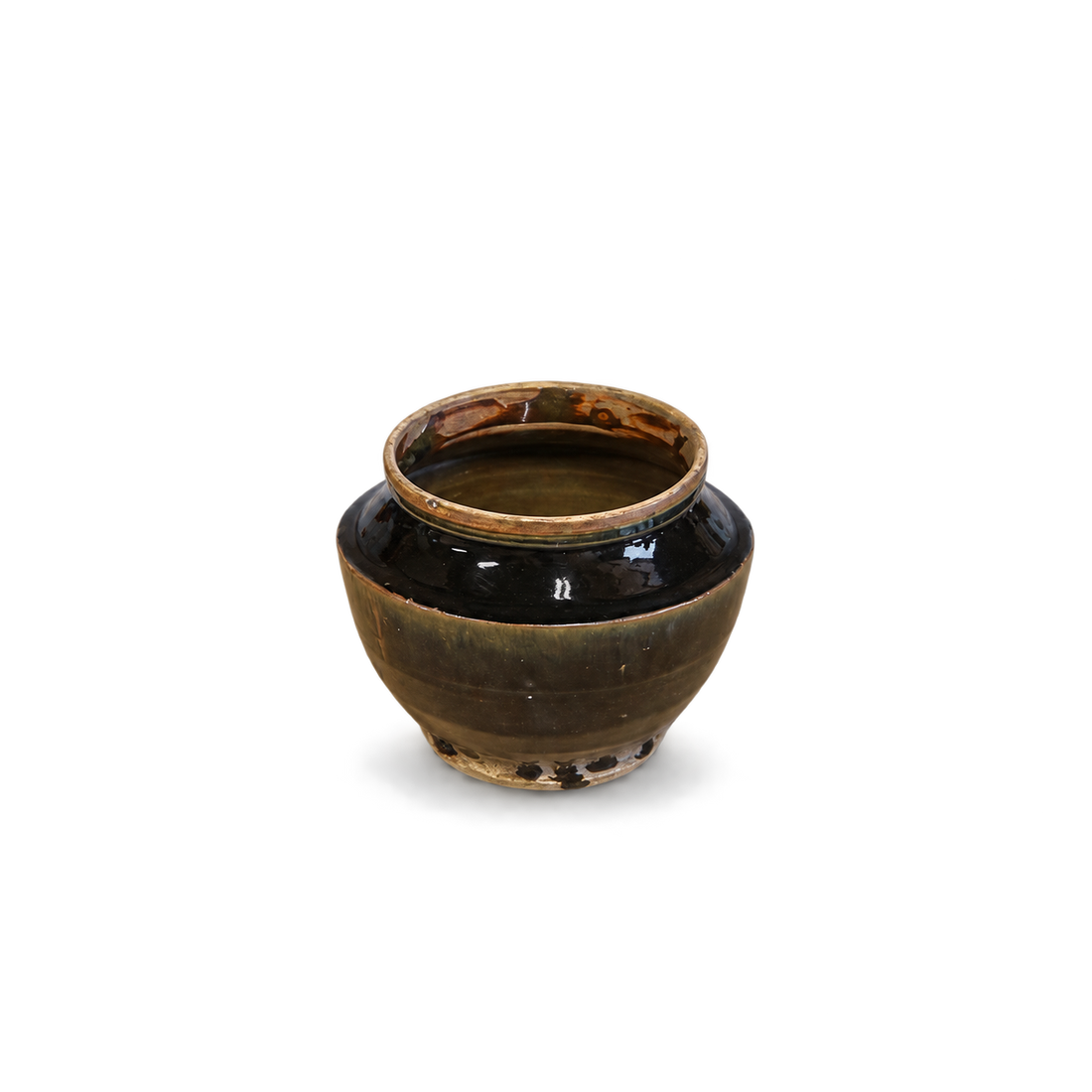 A small round ceramic jar with a glossy dark brown and black glaze, featuring a rustic light brown rim, shown on a plain white background.