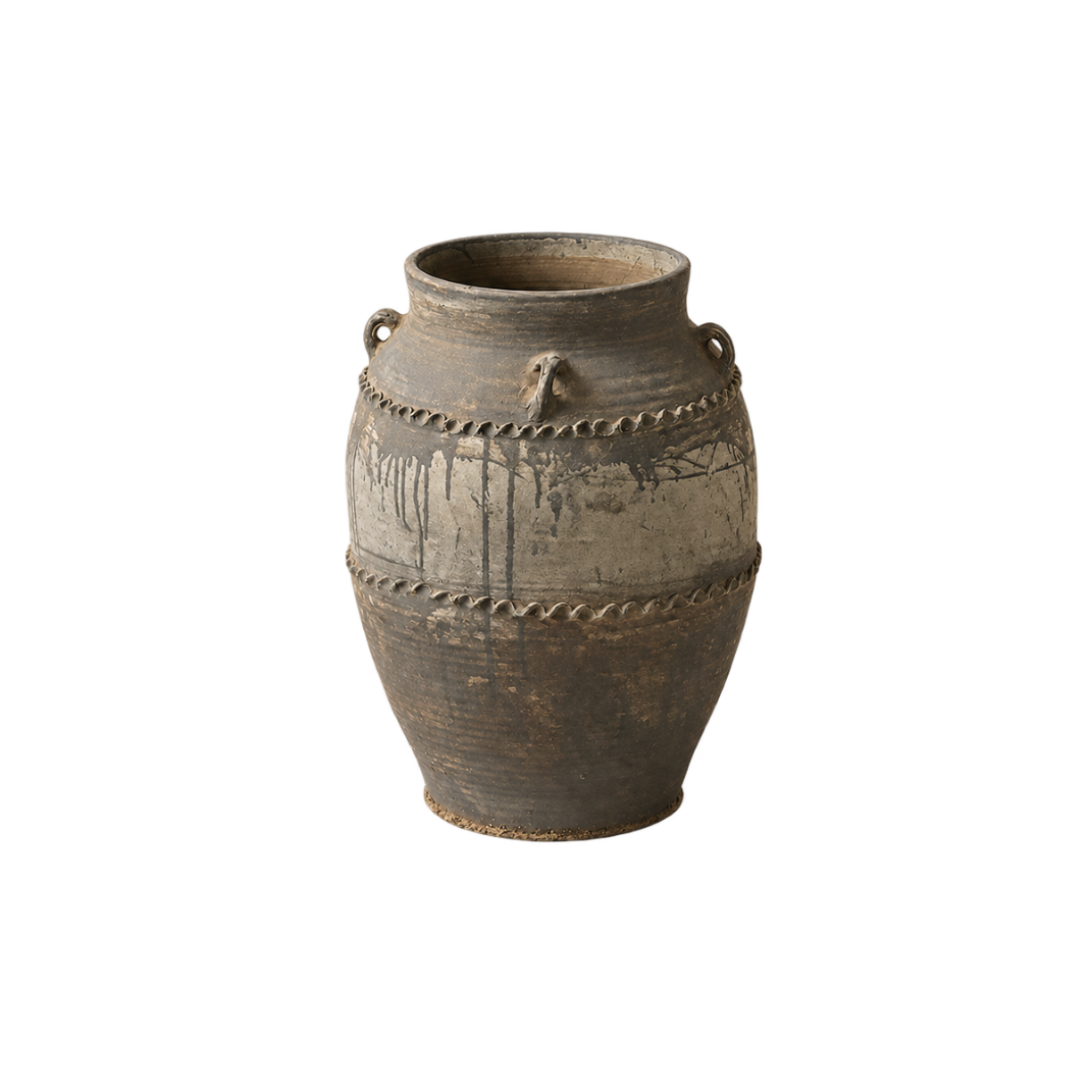 An antique-style rustic ceramic vase with a weathered brown and gray glaze, featuring decorative rope-like bands and loop handles, shown on a plain white background.