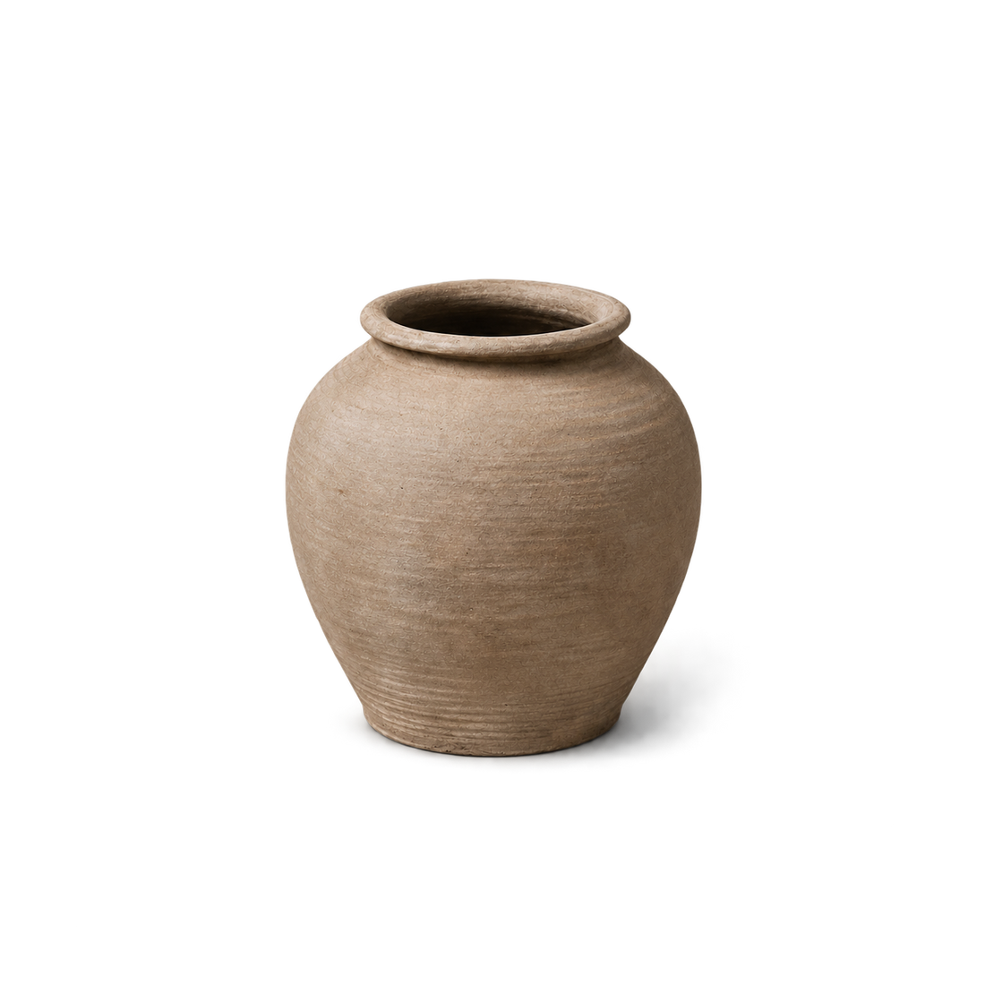 A small round ceramic pot with a wide flared rim, made of earthy clay with a textured, ribbed surface, shown on a plain white background.