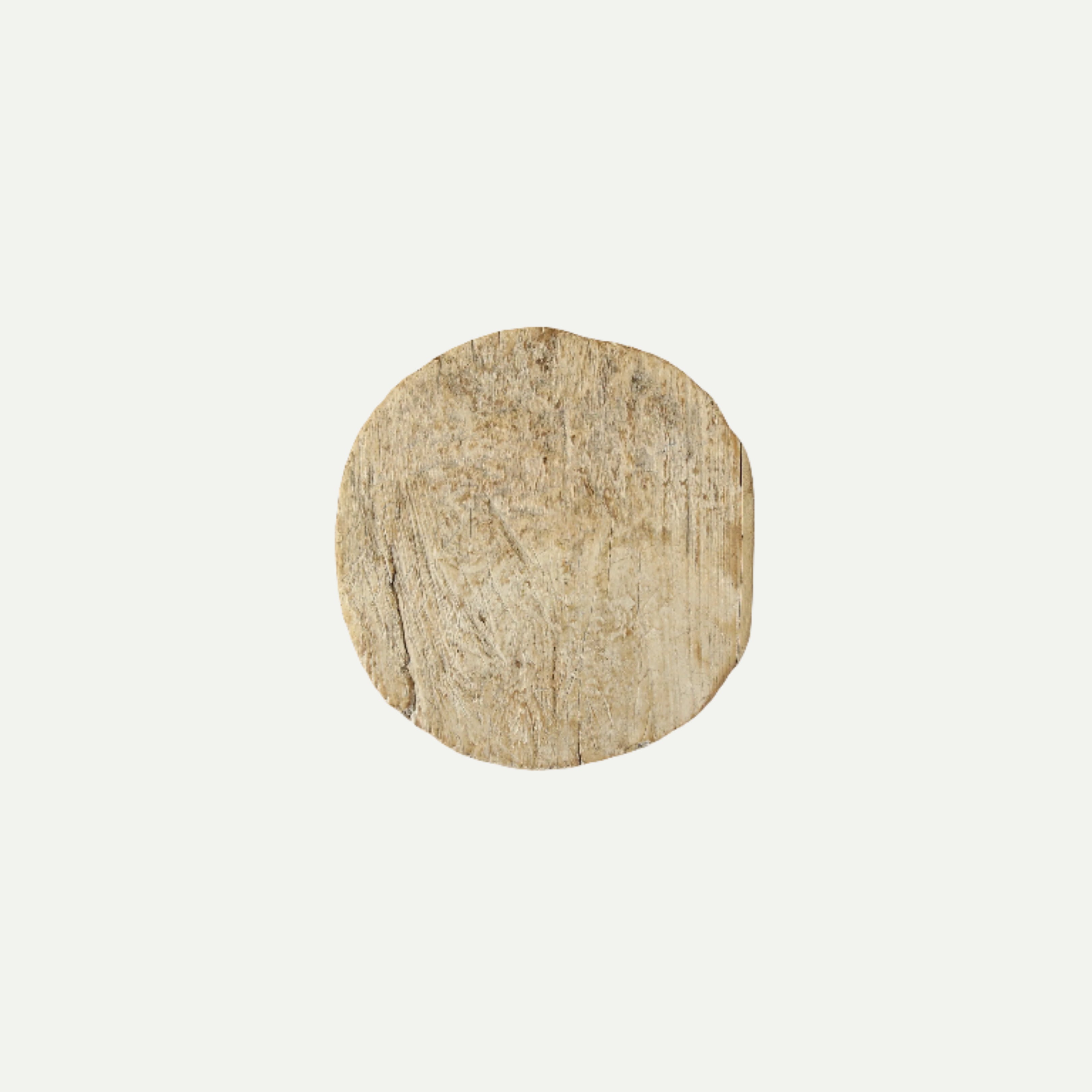 Rustic round wood riser with a natural, weathered finish and three short legs, designed for home decor or display purposes.