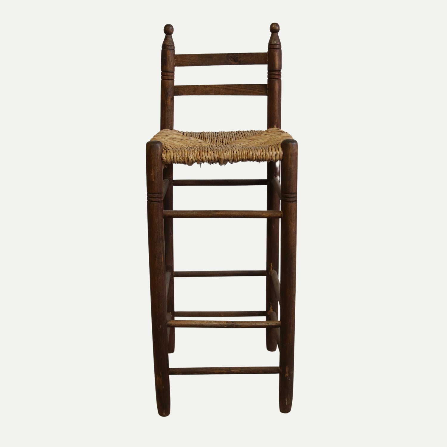 Wooden High-Back Bar Stool with Woven Seat