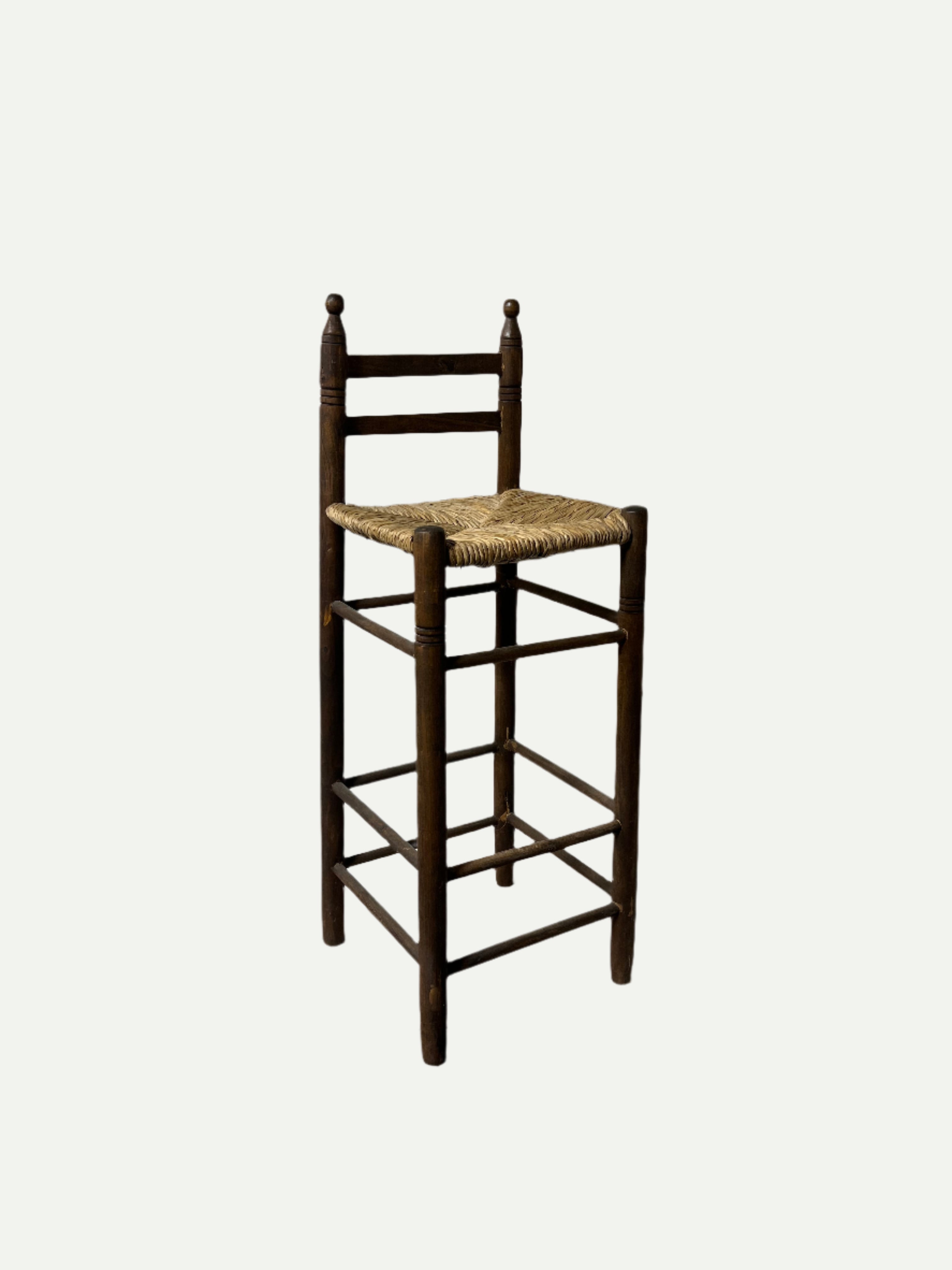 Wooden High-Back Bar Stool with Woven Seat