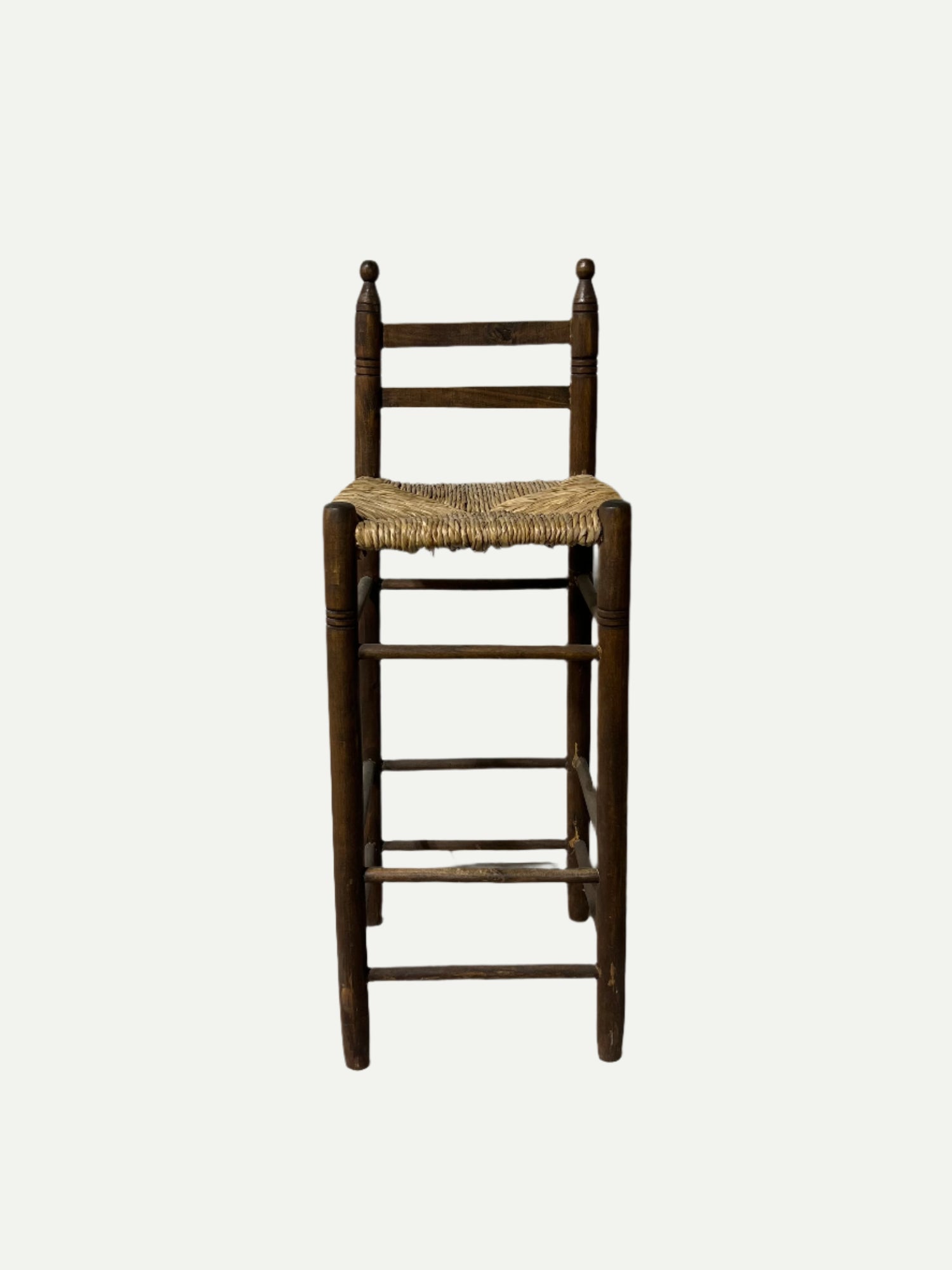 Wooden High-Back Bar Stool with Woven Seat