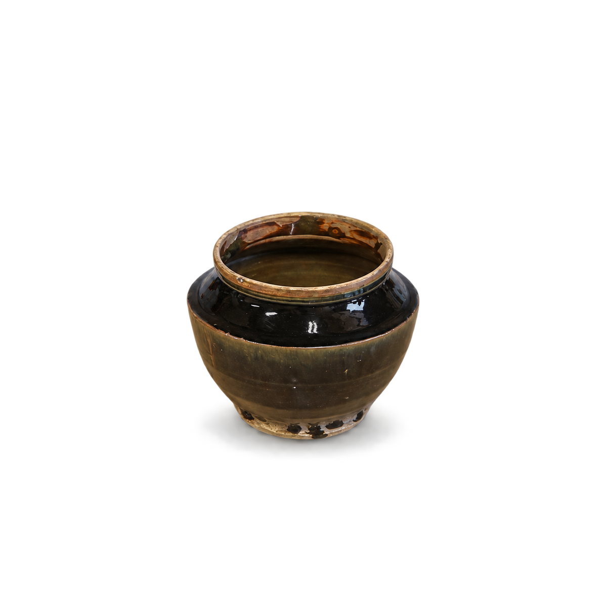 A small round ceramic jar with a glossy dark brown and black glaze, featuring a rustic light brown rim, shown on a plain white background.