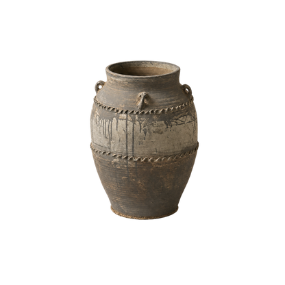 An antique-style rustic ceramic vase with a weathered brown and gray glaze, featuring decorative rope-like bands and loop handles, shown on a plain white background.