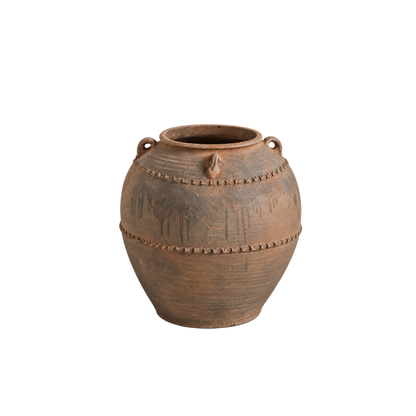 A rustic brown ceramic jar with a rounded body, a wide flared rim, two loop handles, and decorative beaded bands around the middle, shown on a plain white background.