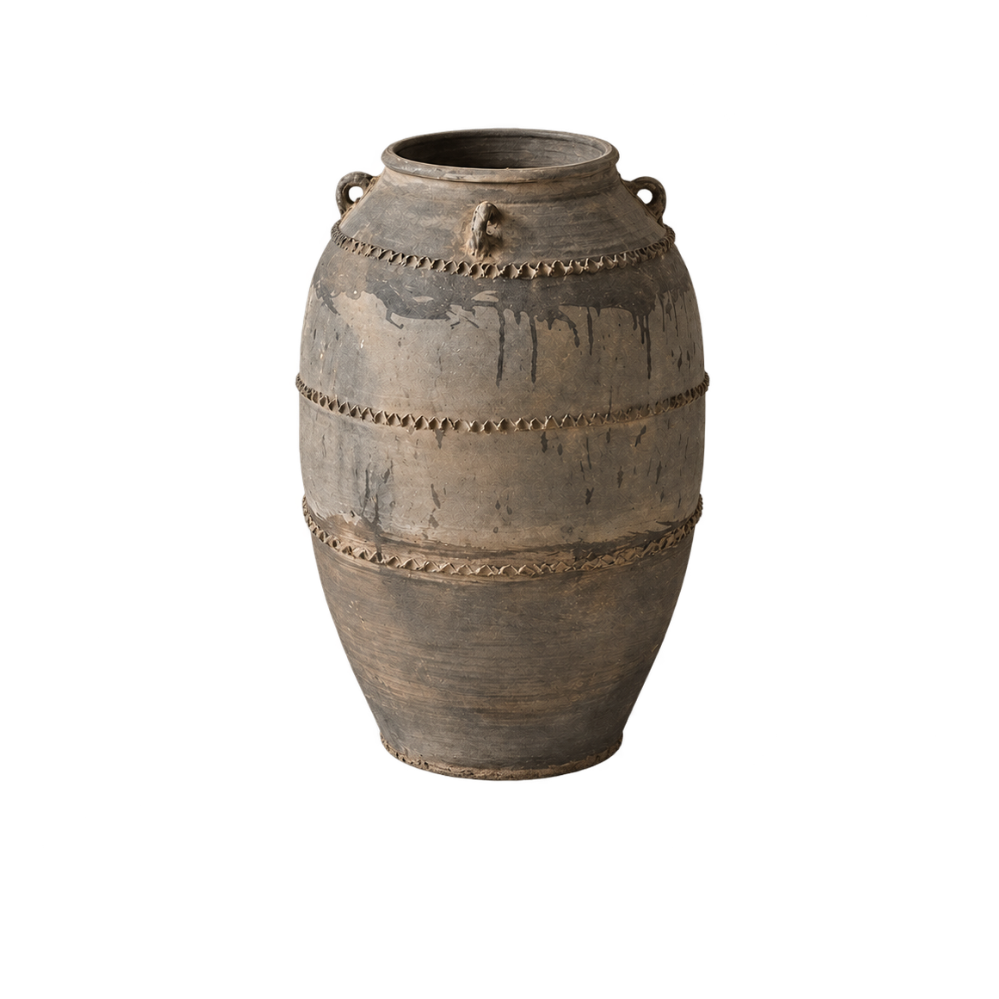 A rustic, vintage-style ceramic vase with a distressed brown and gray finish, featuring decorative metallic-looking beaded bands and loop handles near the rim, set against a plain white background.