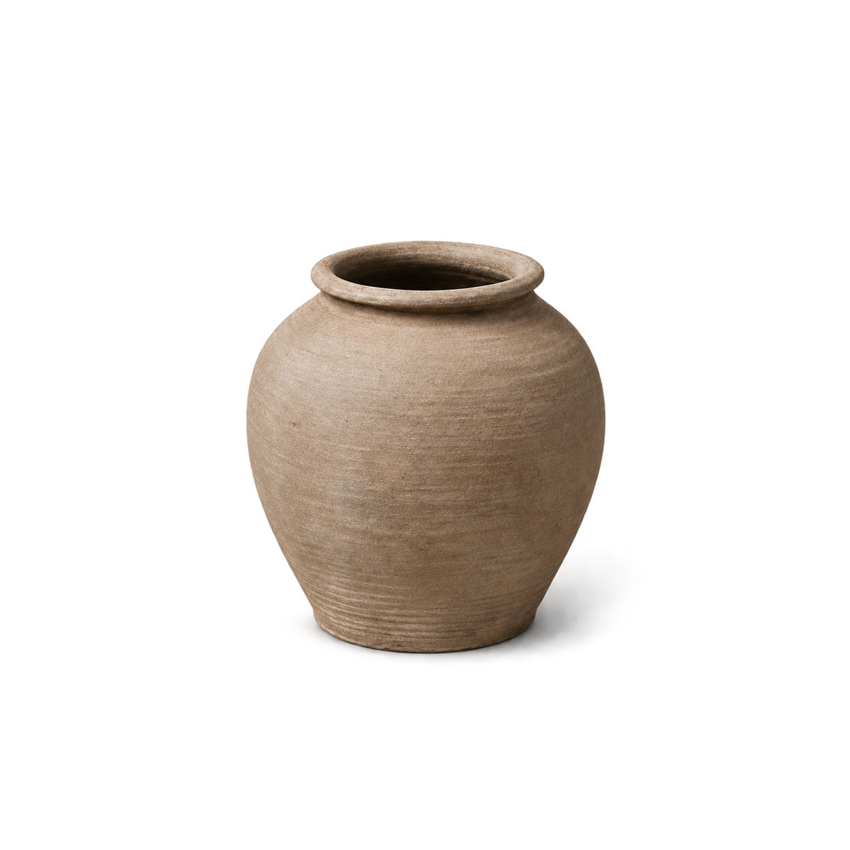 A small round ceramic pot with a wide flared rim, made of earthy clay with a textured, ribbed surface, shown on a plain white background.