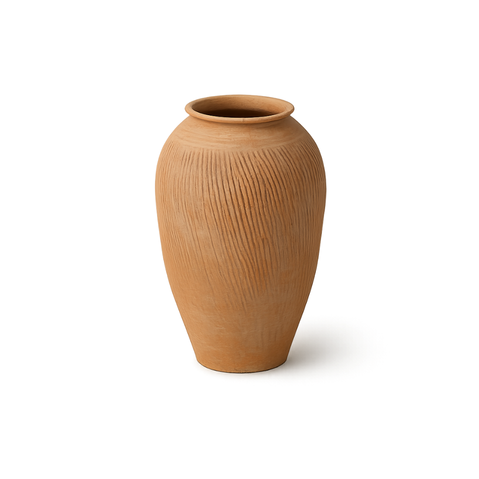 A terracotta clay vase with a textured vertical ribbed pattern, shown on a clean white background.