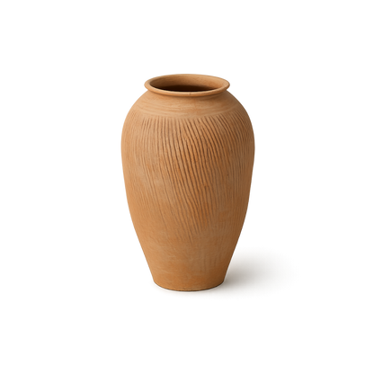 A terracotta clay vase with a textured vertical ribbed pattern, shown on a clean white background.
