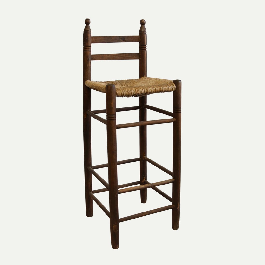 Wooden High-Back Bar Stool with Woven Seat