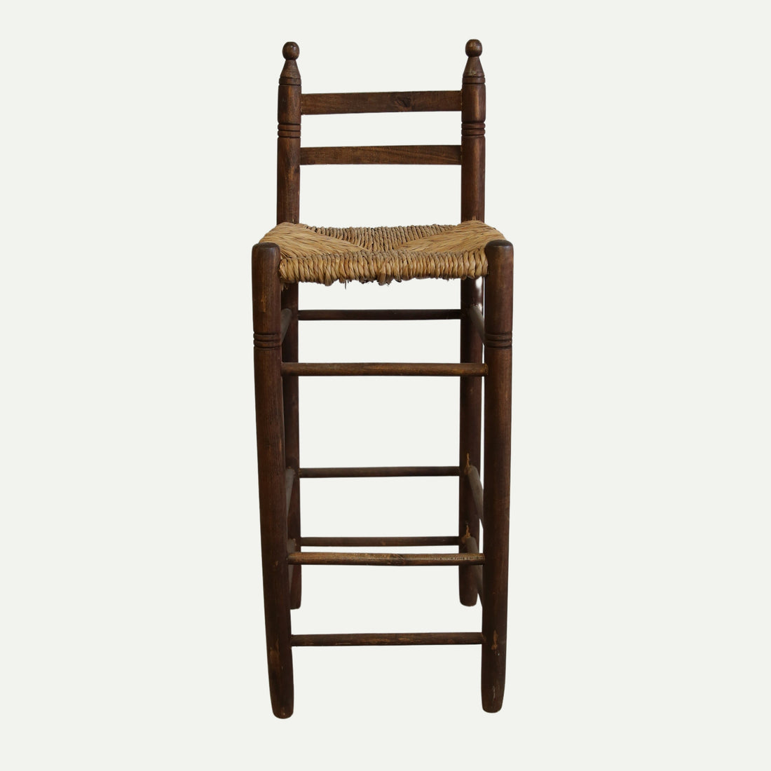 Wooden High-Back Bar Stool with Woven Seat